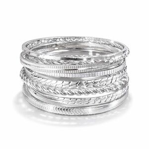 Silver Textured Bangle Bracelet Set – 10 Stackable Polished Bangles NWOT